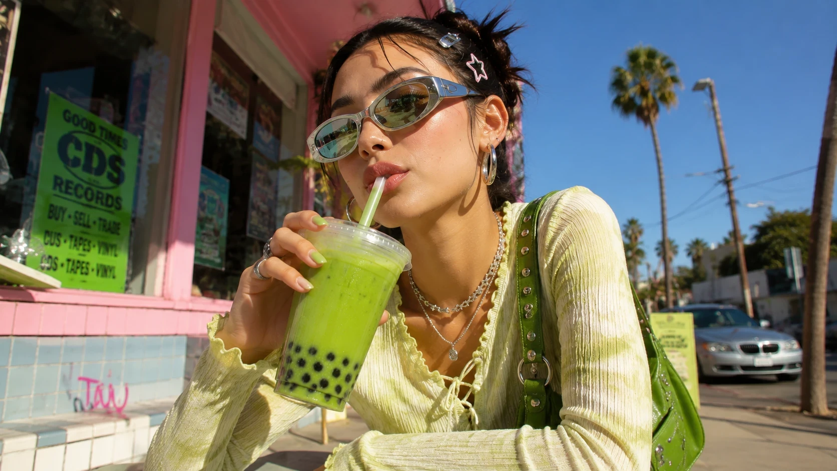 Vrouw drinkt matcha op een zonnig terras