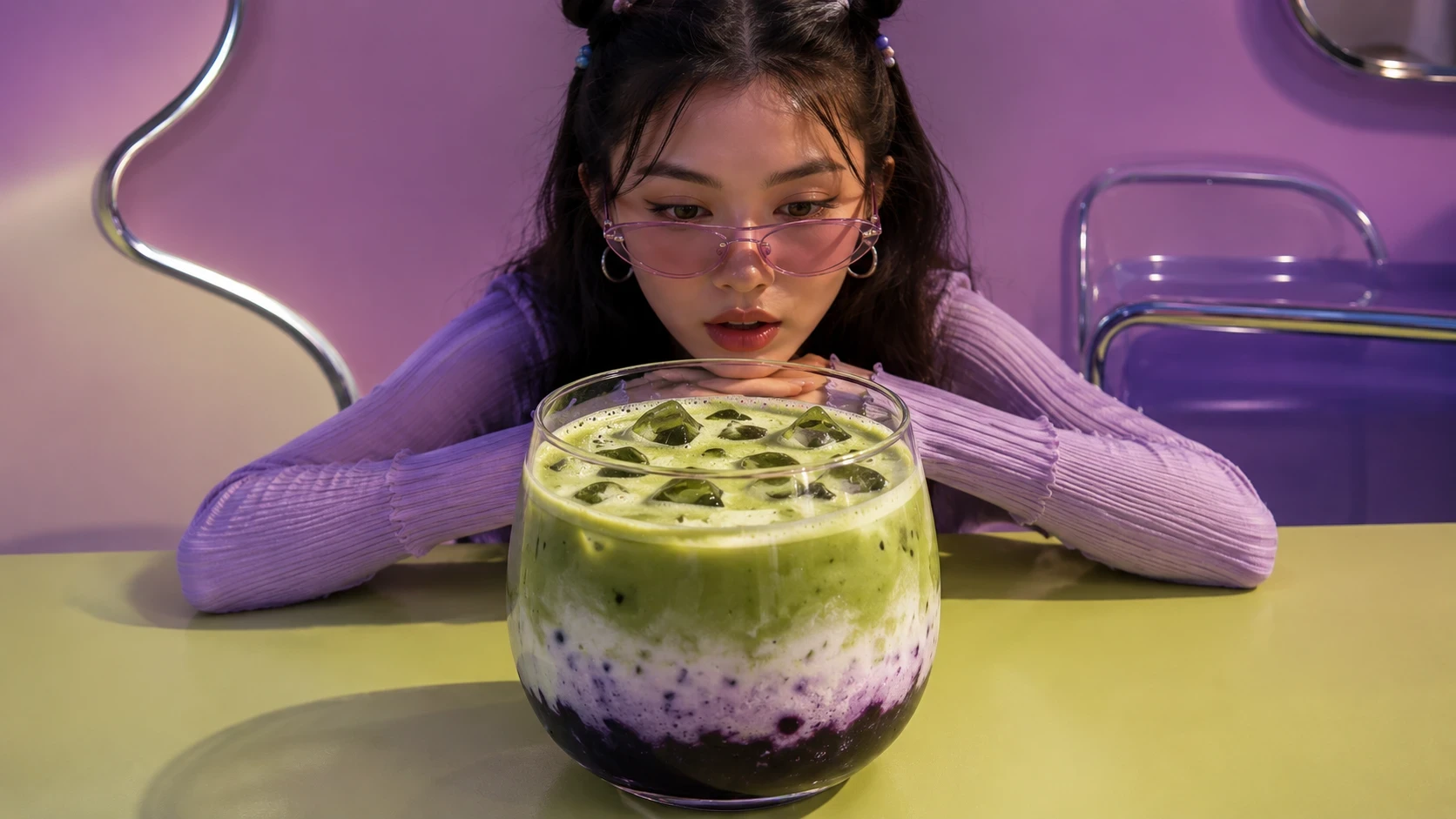 Vrouw met een iced matcha aan tafel