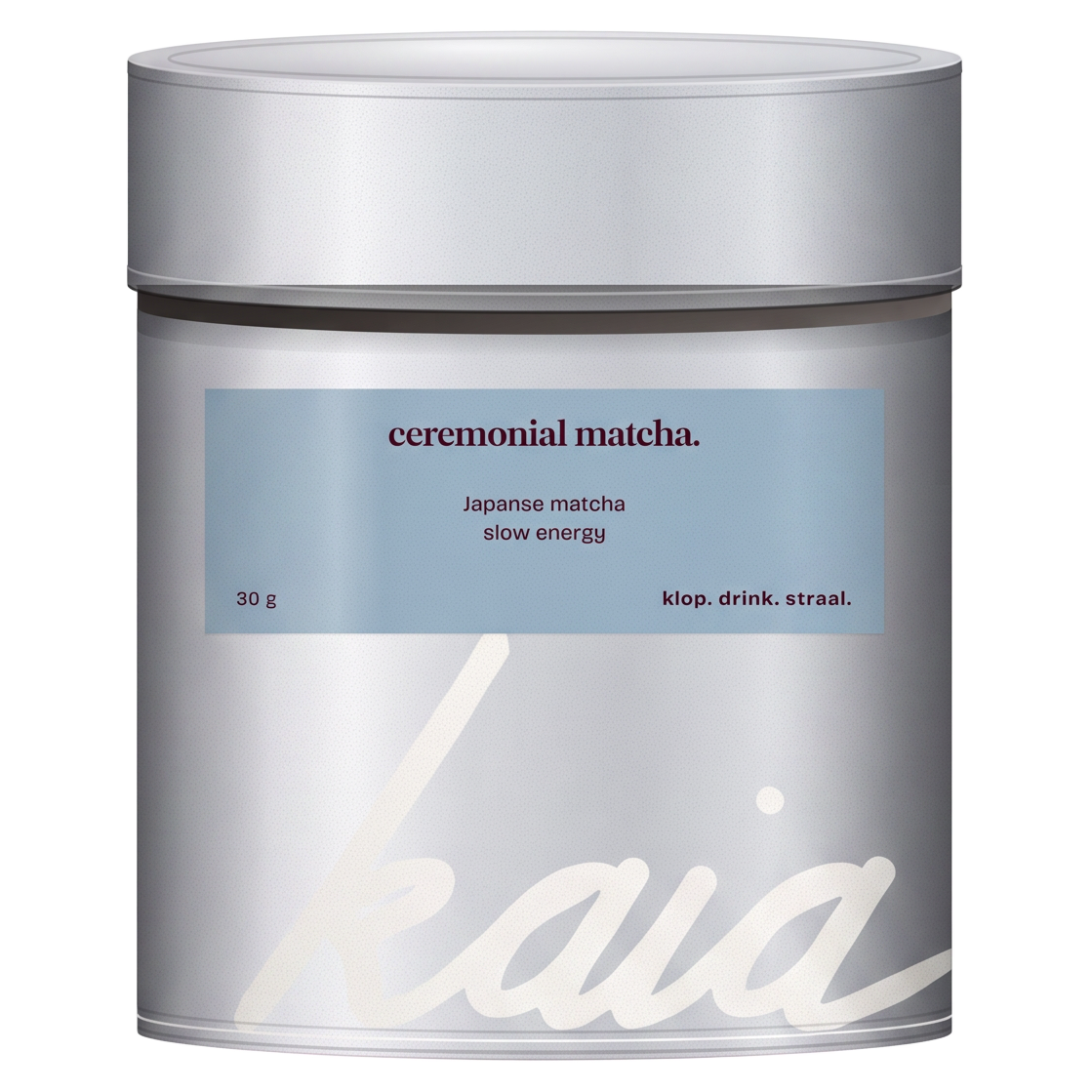KAIA Ceremonial Matcha, zilveren blik van 30 g — verpakkingsmock-up