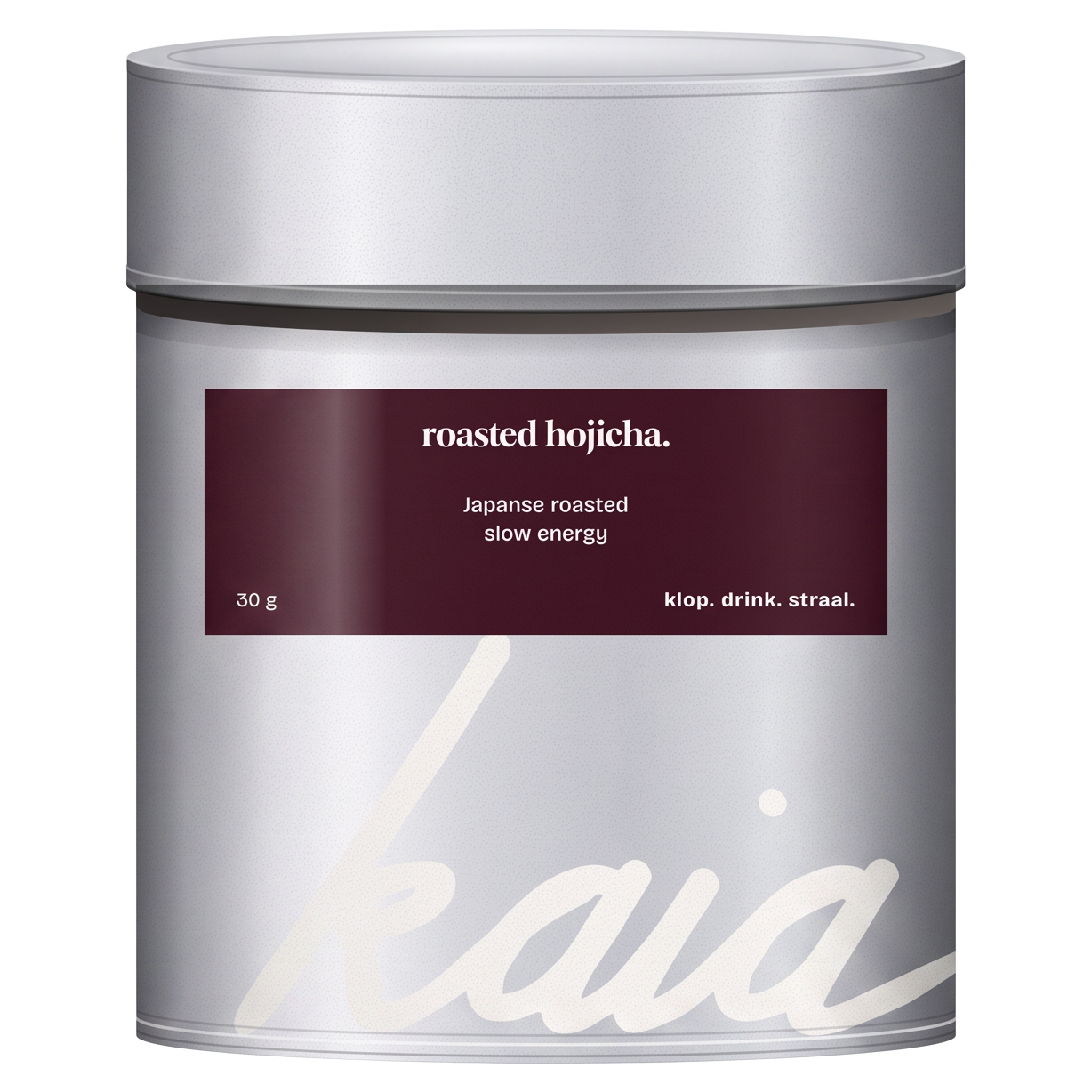 KAIA NIEUW Hojicha, zilveren blik van 30 g — verpakkingsmock-up